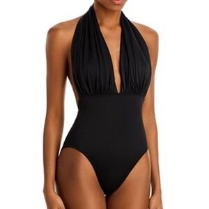 Carmen Marc Valvo Ruched Size 8 Jet Nylon Black 1-PC Plunge Halter Swimsuit